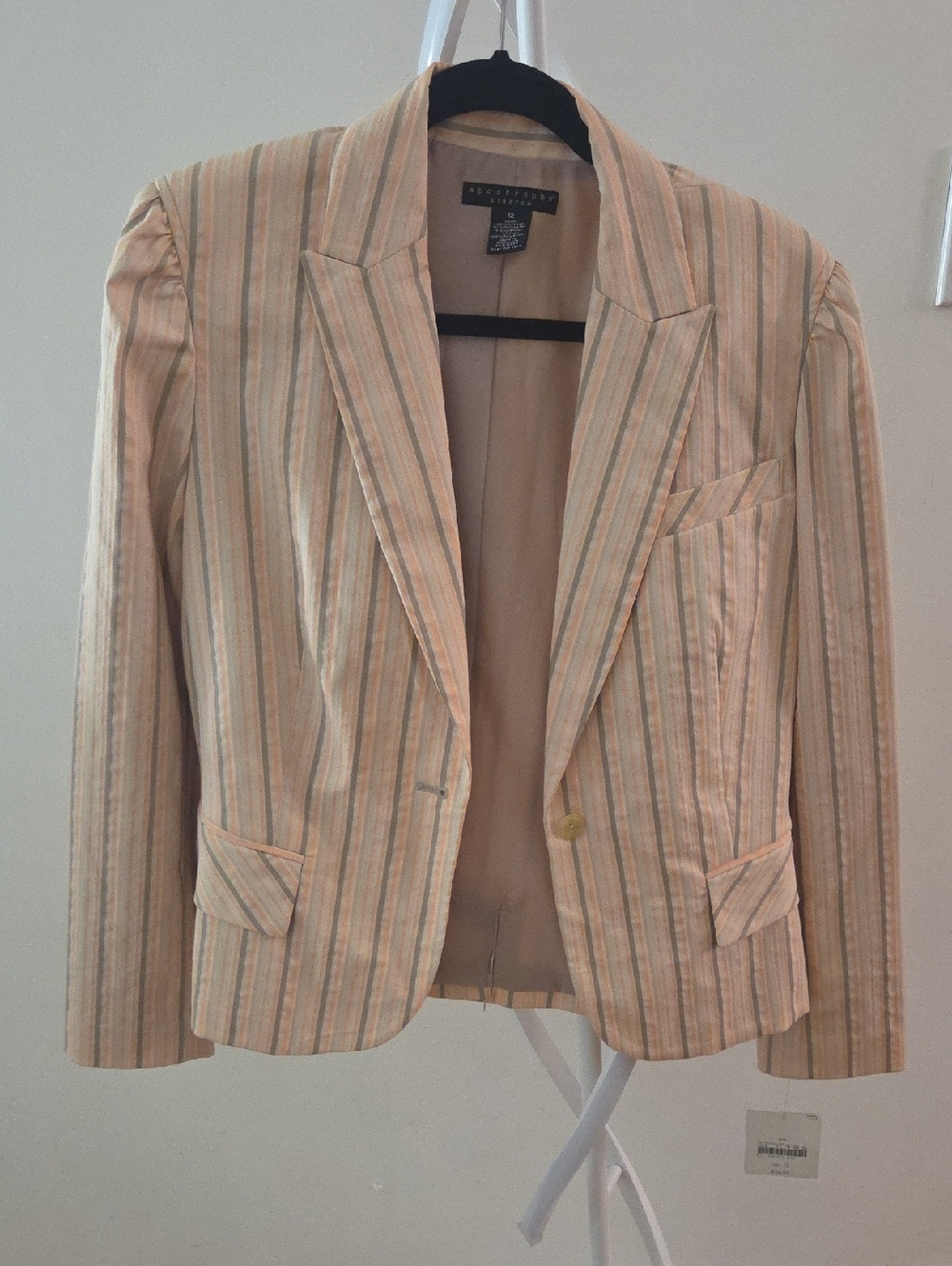 Apostrophe Striped Blazer Jacket Beige Peach Green Women's Size 12 Notch Lapel